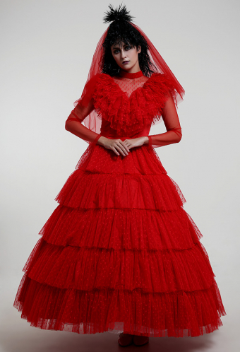 Lydia's Heartbeat Gothic Red Wedding Dress Back Adjustable Multiple Layer Dress With Headdress