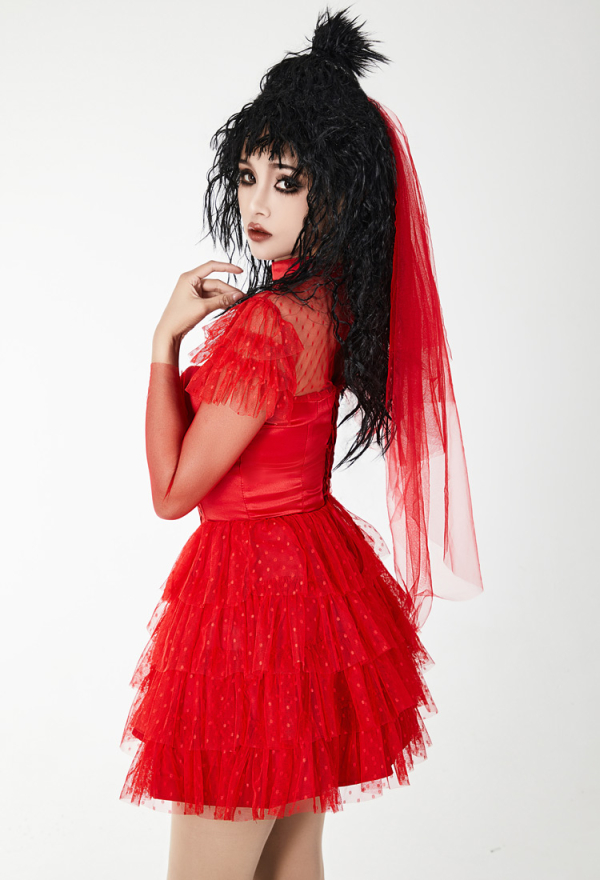 Lydia's Heartbeat Gothic Red Dress With Lace Veil Dark Style Graceful Dress