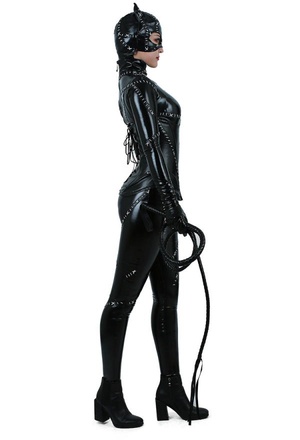 Women's Cool Cat Bodysuit Dark Style Gothic Black PU leather Jumpsuit Halloween Costume with Headwear and Corset