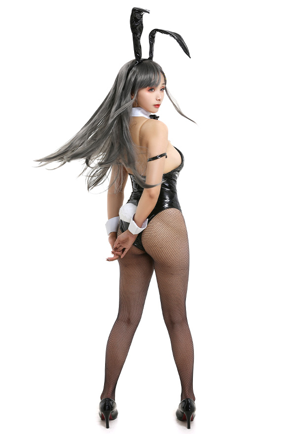 Bunny Girl Temptation Night Dream One Piece Bodysuit Black PU leather Backless Bodysuit with Headband and Collar Bunny Girl Temptation Night Dream One Piece Bodysuit Black PU leather Backless Bodysuit with Headband and Collar