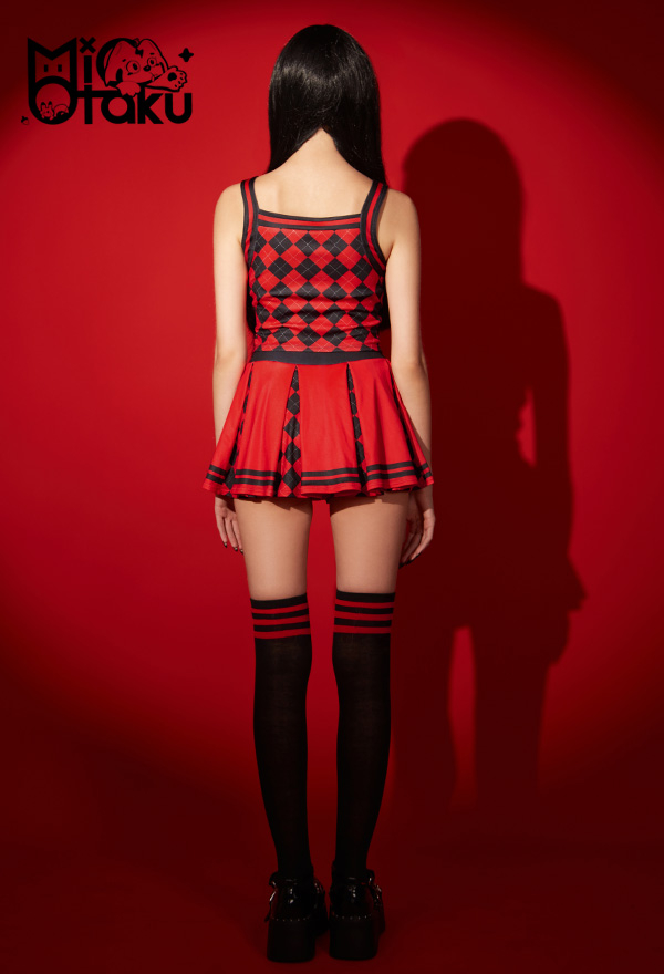 Emily the Strange Halloween Costume Two-Piece Uniform Plaid Halter Navel Top and Skirt