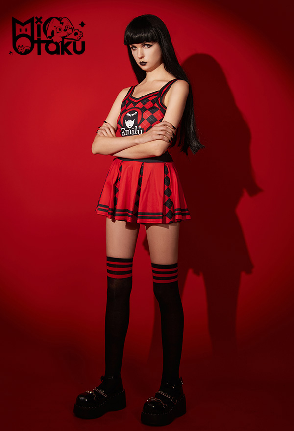 Emily the Strange Halloween Costume Two-Piece Uniform Plaid Halter Navel Top and Skirt