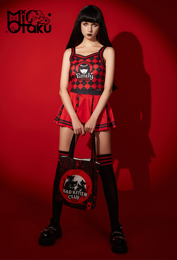 Emily the Strange Halloween Costume Two-Piece Uniform Plaid Halter Navel Top and Skirt