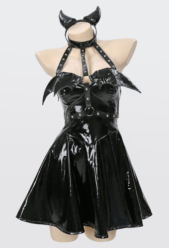 MIDNIGHT DEVIL Gothic Bat Style Dress Black Bat Wing Design Halter Dress