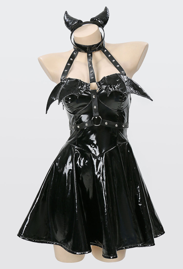 MIDNIGHT DEVIL Gothic Bat Style Dress Black Bat Wing Design Halter Dress