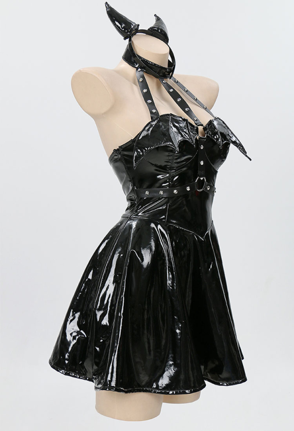 MIDNIGHT DEVIL Gothic Bat Style Dress Black Bat Wing Design Halter Dress