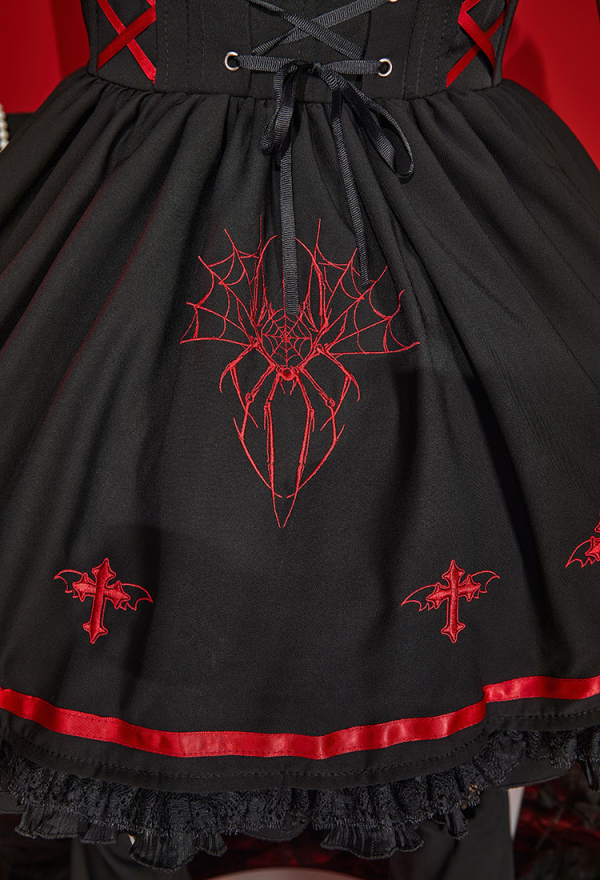Halloween Vampire Girl Spider Costume Dark Gothic Spider Web Suspender Skirt and Shirt Set Outfit with Stockings Halloween Vampire Girl Spider Costume Dark Gothic Spider Web Suspender Skirt and Shirt Set Outfit with Stockings