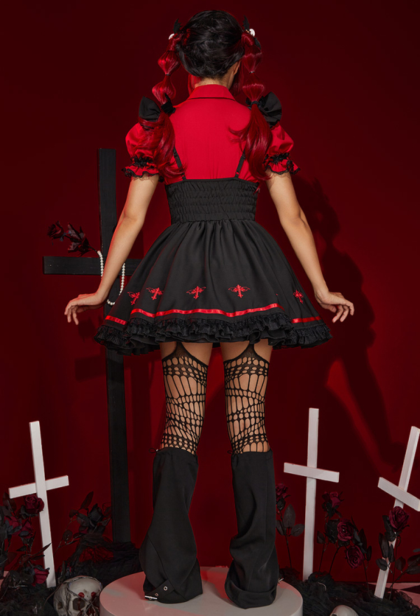 Halloween Vampire Girl Spider Costume Dark Gothic Spider Web Suspender Skirt and Shirt Set Outfit with Stockings Halloween Vampire Girl Spider Costume Dark Gothic Spider Web Suspender Skirt and Shirt Set Outfit with Stockings
