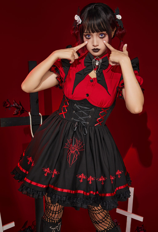 Halloween Vampire Girl Spider Costume Dark Gothic Spider Web Suspender Skirt and Shirt Set Outfit with Stockings Halloween Vampire Girl Spider Costume Dark Gothic Spider Web Suspender Skirt and Shirt Set Outfit with Stockings