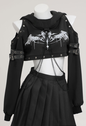 Dark Rebel Gothic Black Hoodies Printed Crop Top Punk Style Long Sleeve Sweatshirt with Hood and Chains