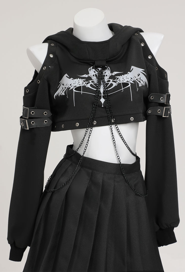 Dark Rebel Gothic Black Hoodies Printed Crop Top Punk Style Long Sleeve Sweatshirt with Hood and Chains Dark Rebel Gothic Black Hoodies Printed Crop Top Punk Style Long Sleeve Sweatshirt with Hood and Chains