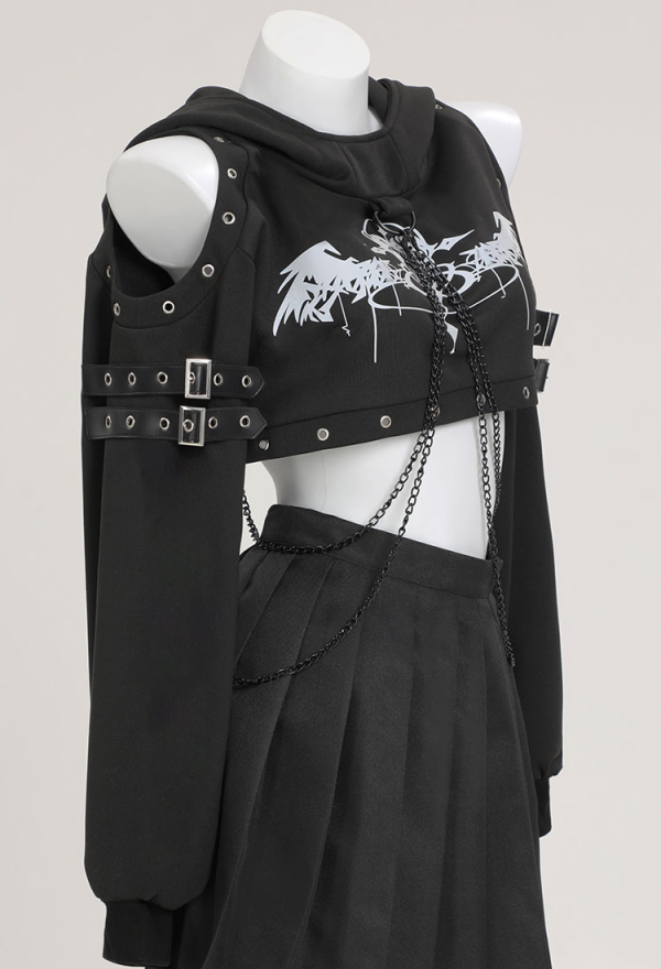 Dark Rebel Gothic Black Hoodies Printed Crop Top Punk Style Long Sleeve Sweatshirt with Hood and Chains Dark Rebel Gothic Black Hoodies Printed Crop Top Punk Style Long Sleeve Sweatshirt with Hood and Chains