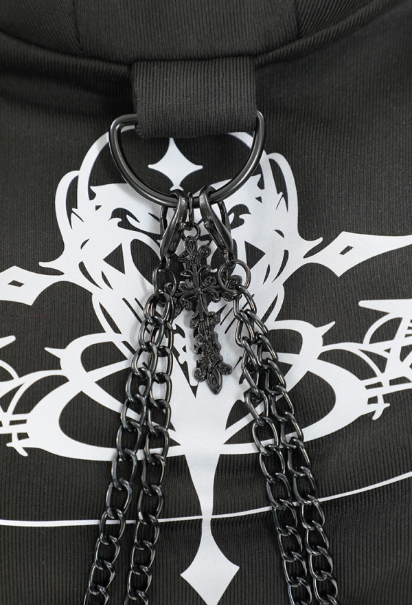 Dark Rebel Gothic Black Hoodies Printed Crop Top Punk Style Long Sleeve Sweatshirt with Hood and Chains Dark Rebel Gothic Black Hoodies Printed Crop Top Punk Style Long Sleeve Sweatshirt with Hood and Chains