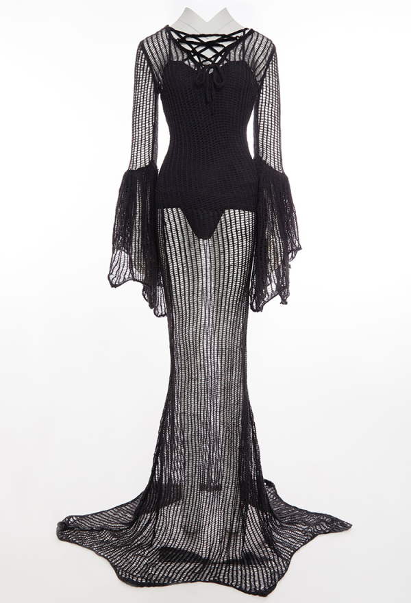 Halloween Victorian Vampire Queen Morticia Wedding Dress Gothic Dark Mesh Knit Dress Black Lace-up Batwing Sleeves Dress
