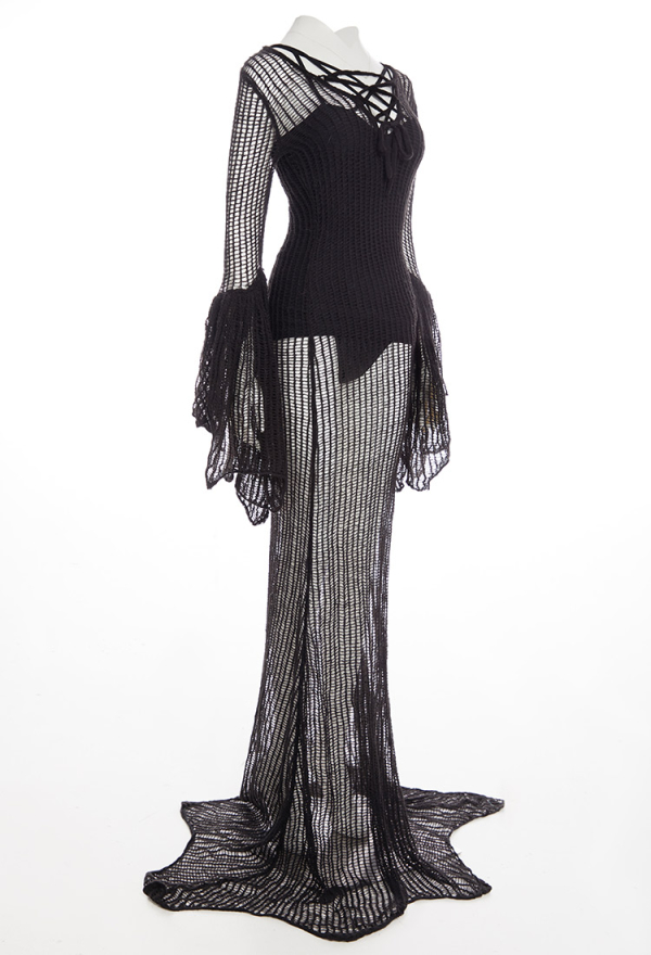 Halloween Victorian Vampire Queen Morticia Wedding Dress Gothic Dark Mesh Knit Dress Black Lace-up Batwing Sleeves Dress