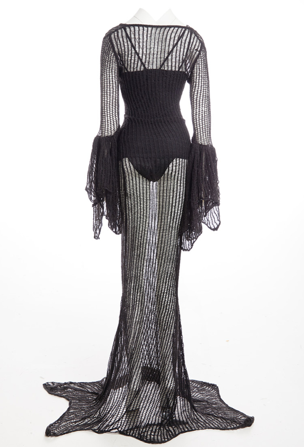 Halloween Victorian Vampire Queen Morticia Wedding Dress Gothic Dark Mesh Knit Dress Black Lace-up Batwing Sleeves Dress