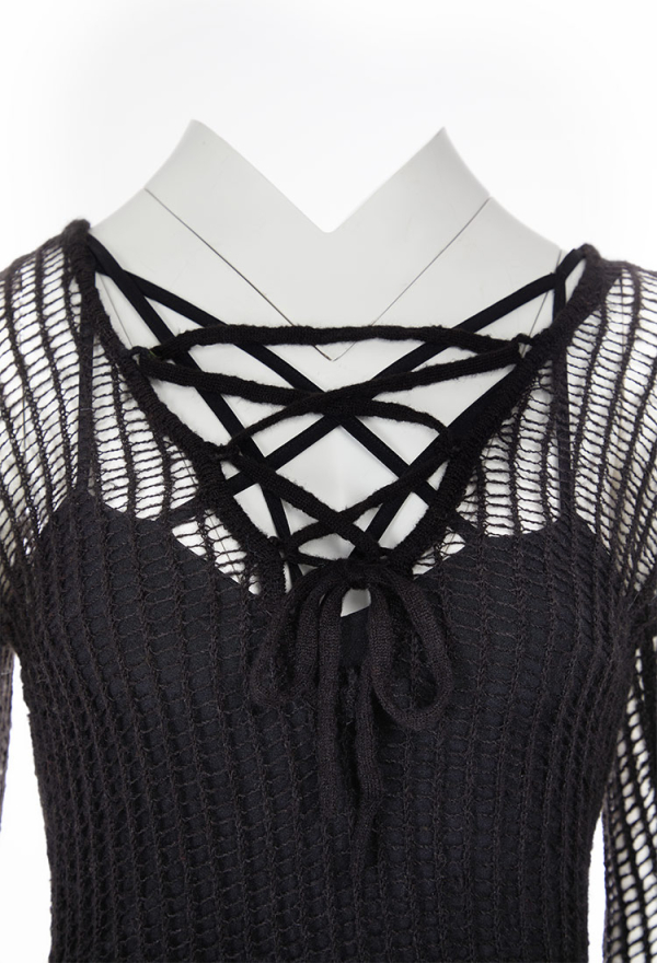 Halloween Victorian Vampire Queen Morticia Wedding Dress Gothic Dark Mesh Knit Dress Black Lace-up Batwing Sleeves Dress