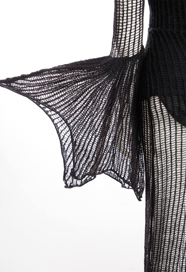 Halloween Victorian Vampire Queen Morticia Wedding Dress Gothic Dark Mesh Knit Dress Black Lace-up Batwing Sleeves Dress