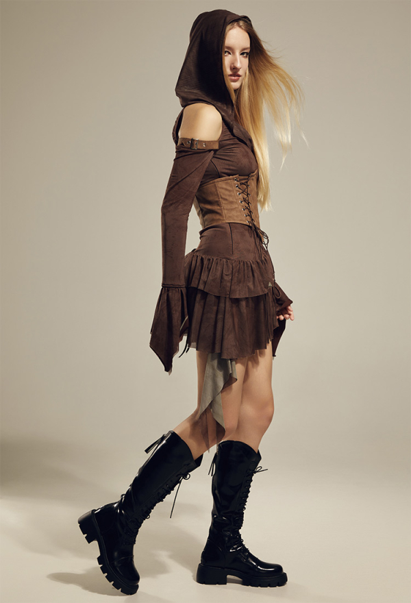Broken World Wasteland Style Black Dress Set Gothic Off-Shoulder Long-Sleeve Hooded Dress