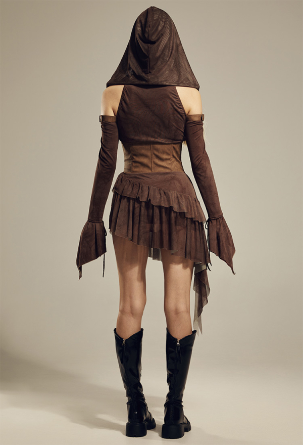 Broken World Wasteland Style Black Dress Set Gothic Off-Shoulder Long-Sleeve Hooded Dress
