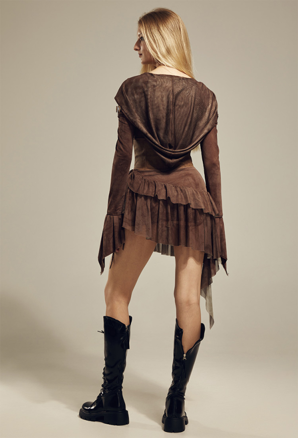 Broken World Wasteland Style Black Dress Set Gothic Off-Shoulder Long-Sleeve Hooded Dress