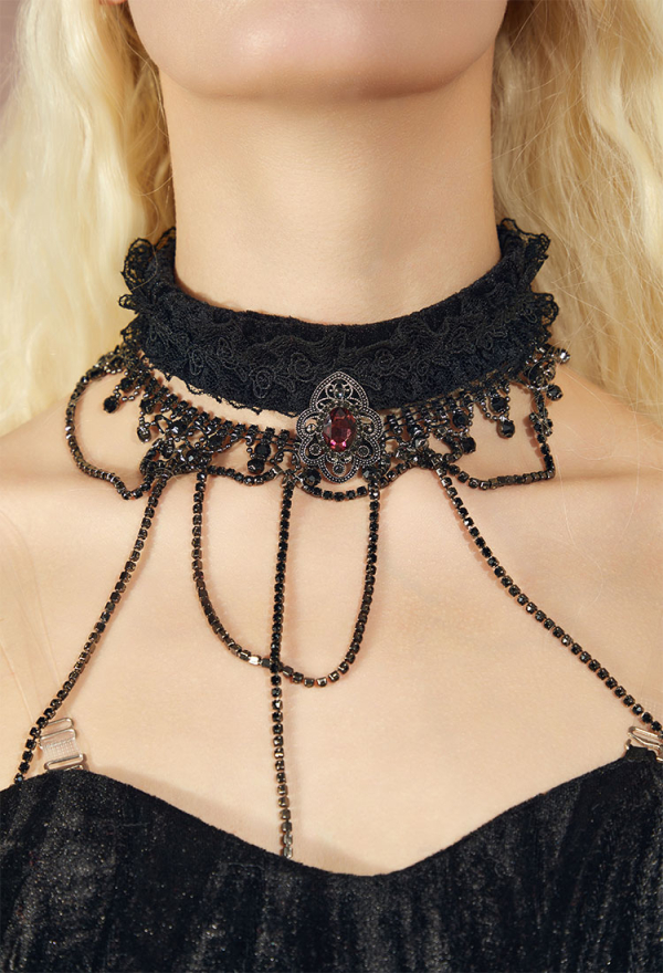Sexy Vampire Black Gothic Vampire Lace Dress with Corset Belt Necklace Gloves