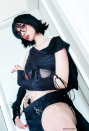 Wasteland Style Black Casual Outfit Short Hooded Top and Skirt with Arm Sleeves