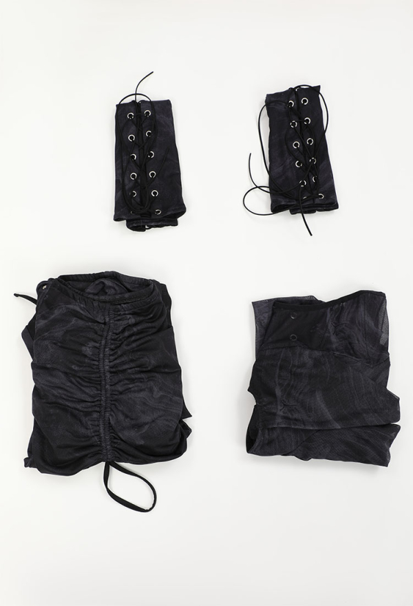 Wasteland Style Black Casual Outfit Short Hooded Top and Skirt with Arm Sleeves
