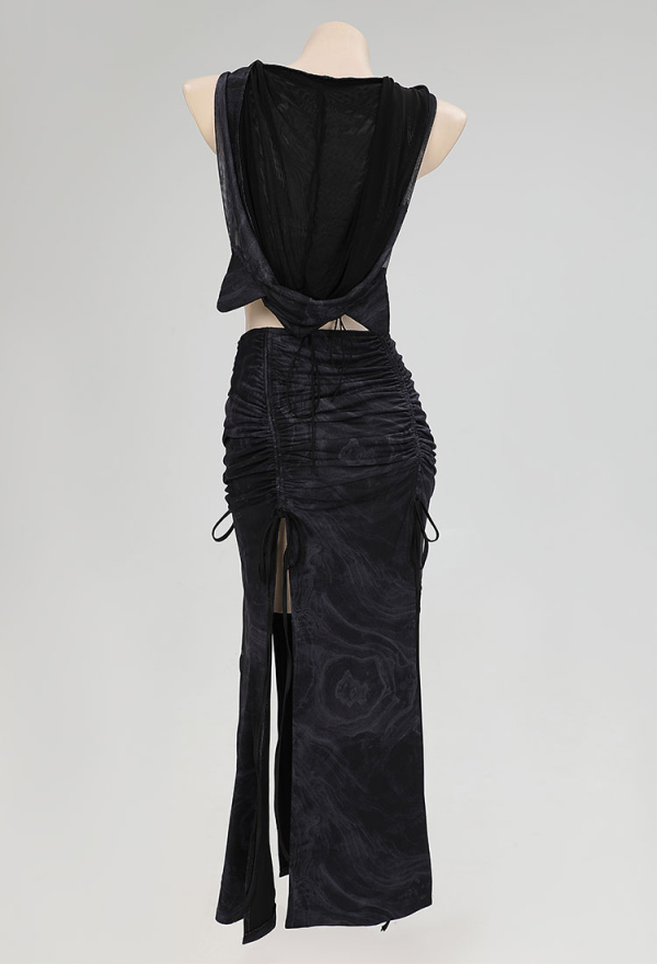 Wasteland Style Black Casual Outfit Short Hooded Top and Skirt with Arm Sleeves