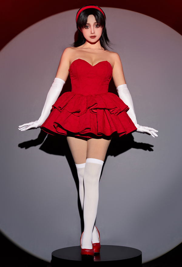 Gothic Cosplay Costume Red Strapless Tube Dress with Headband with Thigh-High Stockings and Gloves Gothic Cosplay Costume Red Strapless Tube Dress with Headband with Thigh-High Stockings and Gloves