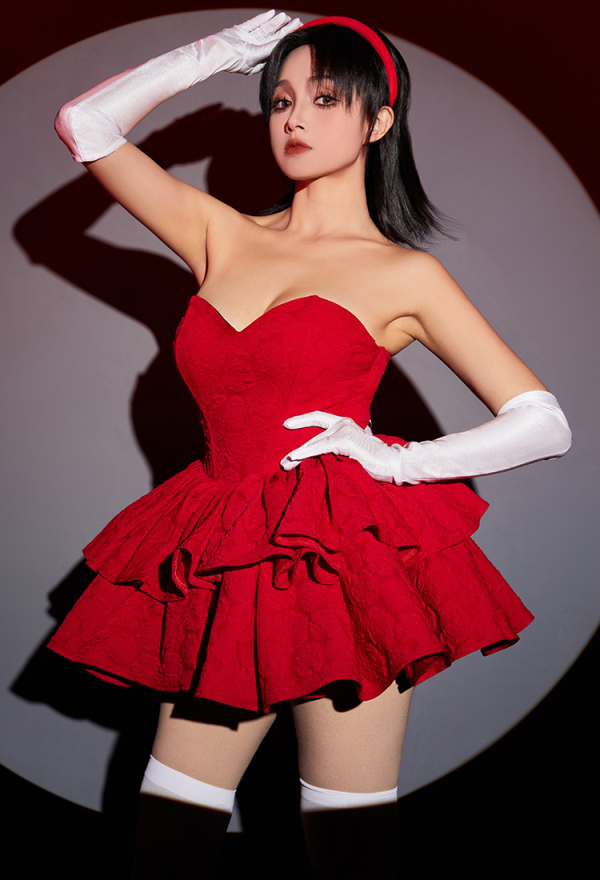 Gothic Cosplay Costume Red Strapless Tube Dress with Headband with Thigh-High Stockings and Gloves Gothic Cosplay Costume Red Strapless Tube Dress with Headband with Thigh-High Stockings and Gloves