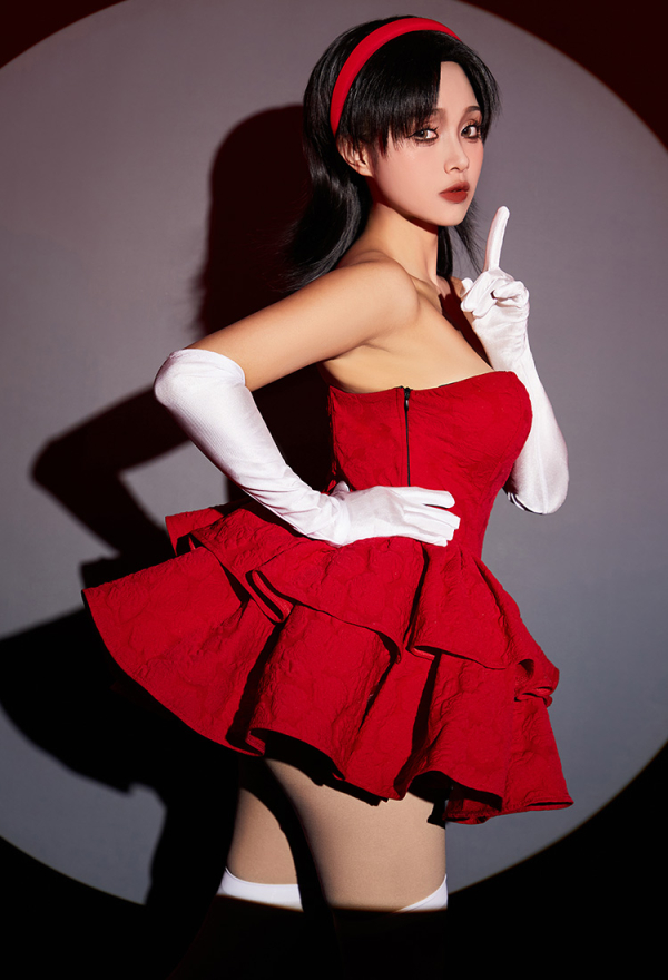Gothic Cosplay Costume Red Strapless Tube Dress with Headband with Thigh-High Stockings and Gloves Gothic Cosplay Costume Red Strapless Tube Dress with Headband with Thigh-High Stockings and Gloves