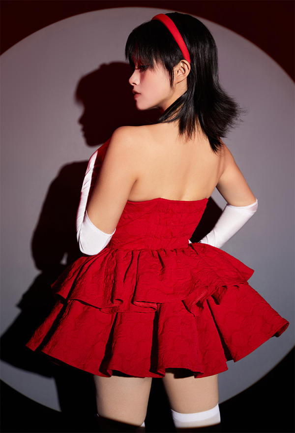 Gothic Cosplay Costume Red Strapless Tube Dress with Headband with Thigh-High Stockings and Gloves Gothic Cosplay Costume Red Strapless Tube Dress with Headband with Thigh-High Stockings and Gloves