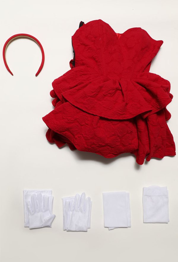 Gothic Cosplay Costume Red Strapless Tube Dress with Headband with Thigh-High Stockings and Gloves Gothic Cosplay Costume Red Strapless Tube Dress with Headband with Thigh-High Stockings and Gloves