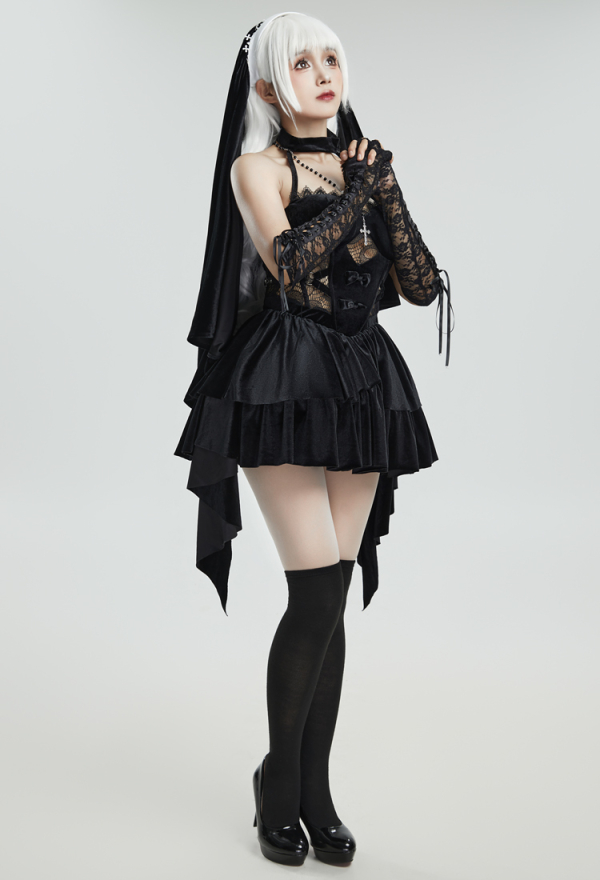 HOLY LOVE Gothic Dress Black Lace Halter Hollow Dress and Headpiece with Necklace