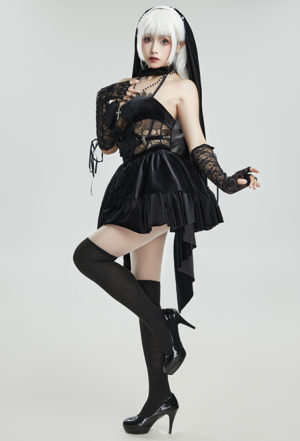 HOLY LOVE Gothic Dress Black Lace Halter Hollow Dress and Headpiece with Necklace