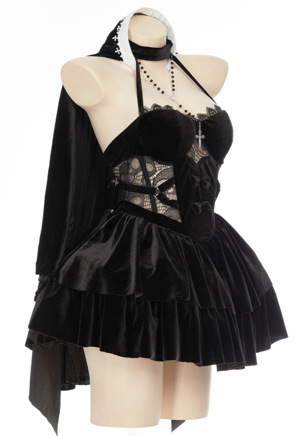 HOLY LOVE Gothic Dress Black Lace Halter Hollow Dress and Headpiece with Necklace
