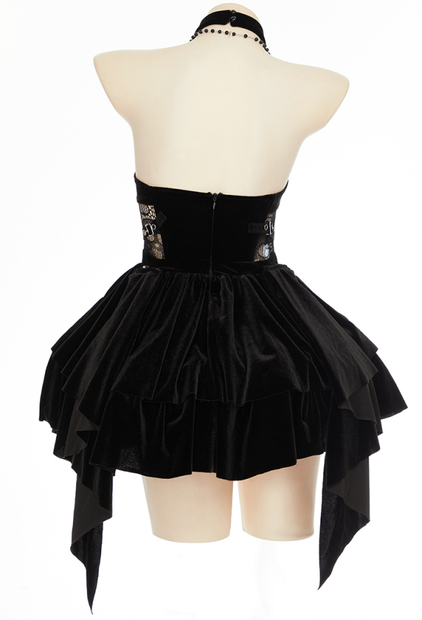 HOLY LOVE Gothic Dress Black Lace Halter Hollow Dress and Headpiece with Necklace