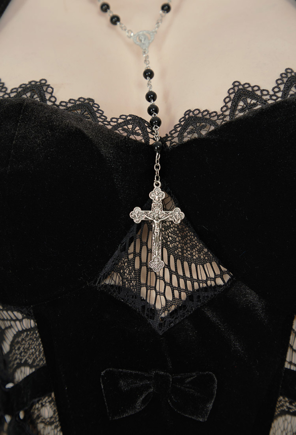 HOLY LOVE Gothic Dress Black Lace Halter Hollow Dress and Headpiece with Necklace