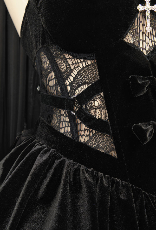 HOLY LOVE Gothic Dress Black Lace Halter Hollow Dress and Headpiece with Necklace