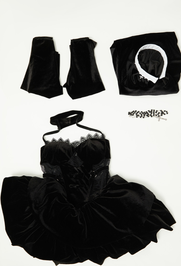 HOLY LOVE Gothic Dress Black Lace Halter Hollow Dress and Headpiece with Necklace