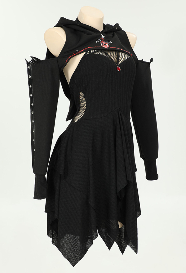 DARK BREATH Gothic Witch Dress Set Black Witch Shrug Hoodie and Fishing Net Halter Irregular Dress