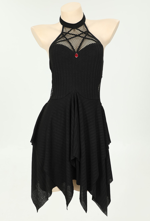 DARK BREATH Gothic Witch Dress Set Black Witch Shrug Hoodie and Fishing Net Halter Irregular Dress