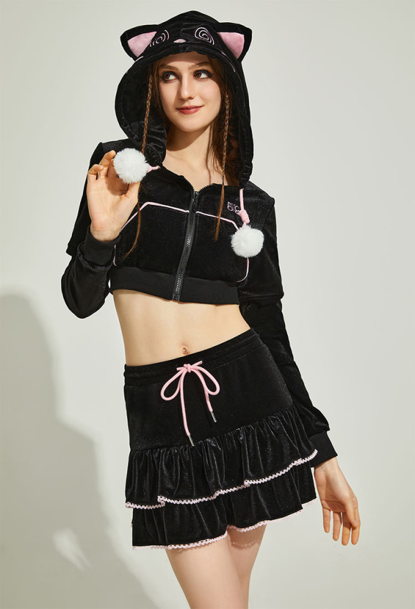Women Paw Hoodie Skirt Set Black and Pink Dizzy Cat Paw Hoodie with Skirt
