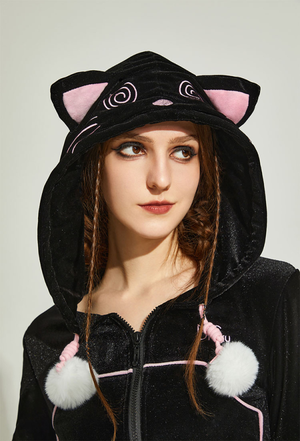 Women Paw Hoodie Skirt Set Black and Pink Dizzy Cat Paw Hoodie with Skirt