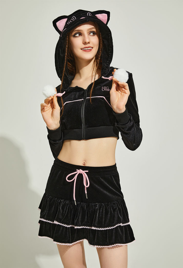 Women Paw Hoodie Skirt Set Black and Pink Dizzy Cat Paw Hoodie with Skirt