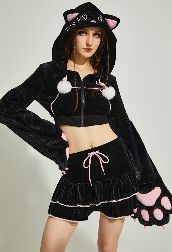 Women Paw Hoodie Skirt Set Black and Pink Dizzy Cat Paw Hoodie with Skirt