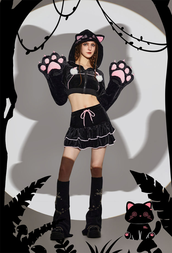 Women Paw Hoodie Skirt Set Black and Pink Dizzy Cat Paw Hoodie with Skirt