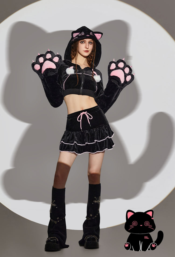 Women Paw Hoodie Skirt Set Black and Pink Dizzy Cat Paw Hoodie with Skirt
