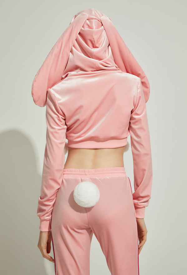 Sports Tracksuit Set Pink Bunny Hooded Top and Pants with Pom-pom Accessories Sports Tracksuit Set Pink Bunny Hooded Top and Pants with Pom-pom Accessories